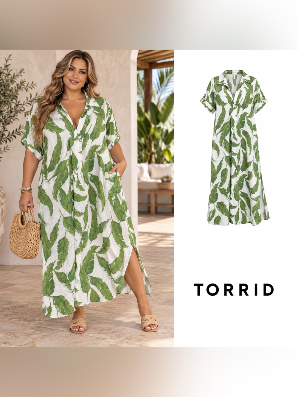 NEW TORRID Green Leaf Print V-Neck Maxi Dress